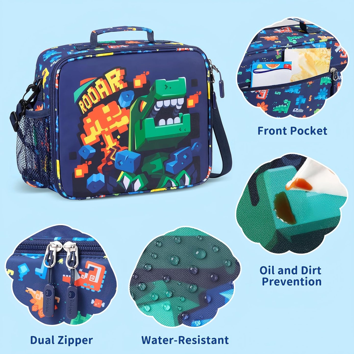 rockpapa Chill Kids Lunch Box Set with Leakproof 5.5 Cups Bento Box, Reusable Ice Pack, 14oz Insulated Water Bottle & Lunch Bag, BPA-Free Microwave Safe for School Boys Girls (Black Games)