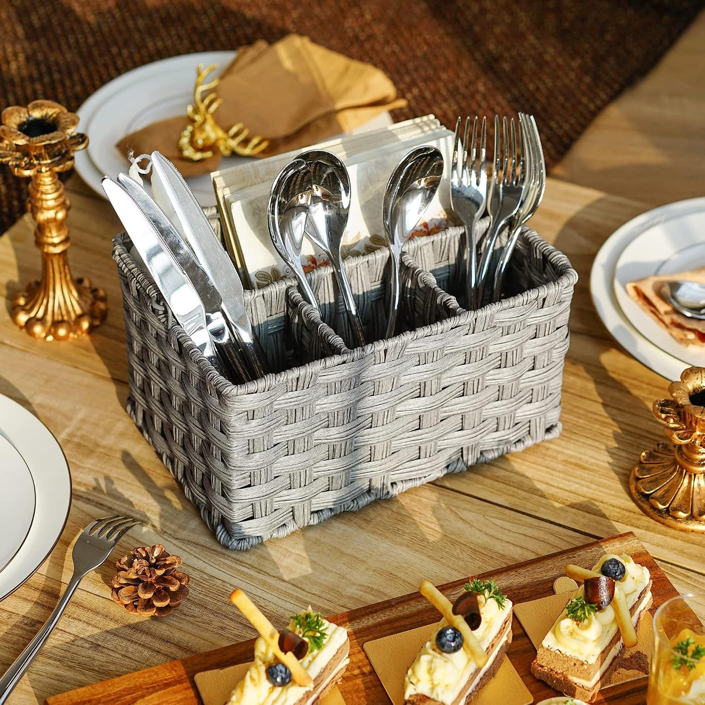 GRANNY SAYS Wicker Utensil Caddy - Picnic Basket with Handle, Organizer for Kitchen Table or Cabinet, Silverware Holder for Parties