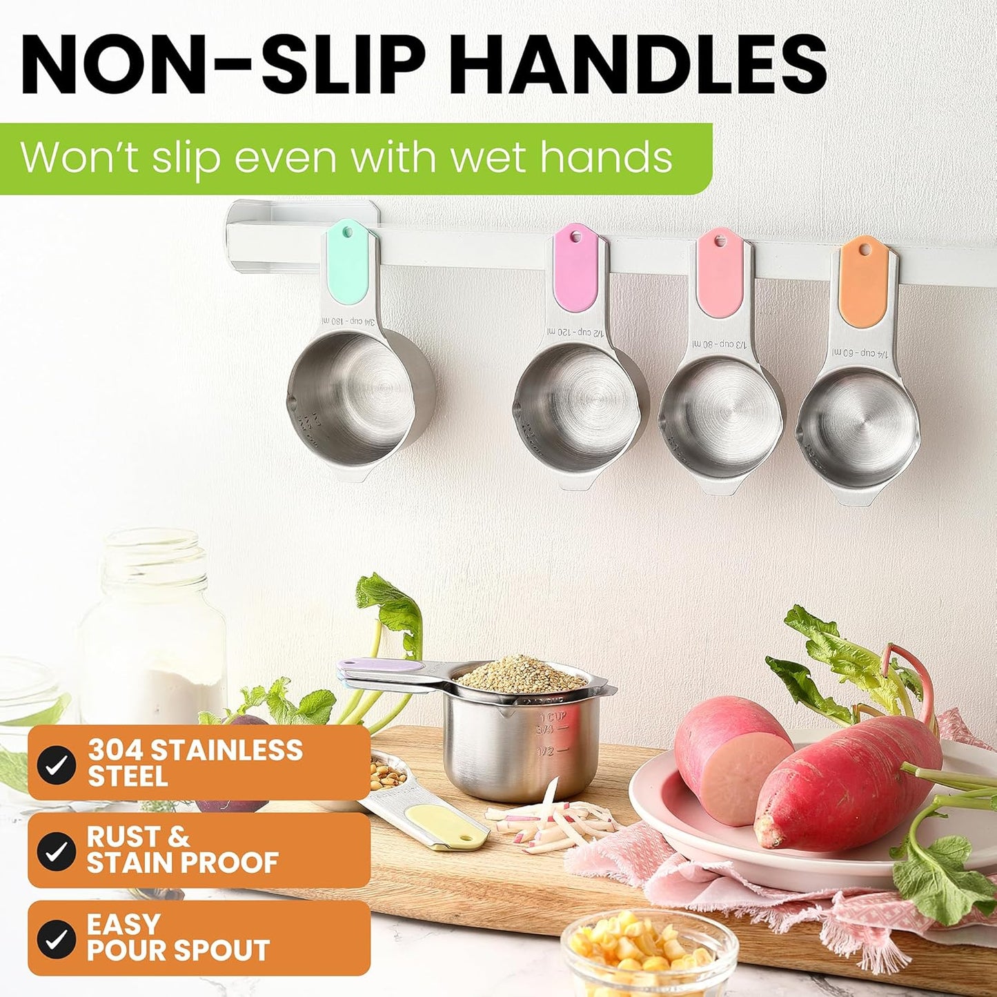 Spring Chef Stainless Steel Measuring Cups Set of 7 with Pour Spout - Nesting Kitchen Tools with Easy Read Markings to Measure Dry or Liquid Ingredients - Metal Measuring Cups for Baking & Cooking