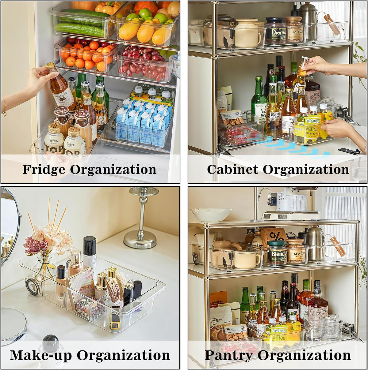 2Pack Roll Out Fridge Caddy Bins Pull Out Drawer with Wheels Refrigerator Organizer Bins with Handles Divided Fruit Caddy for Fridge Pantry Cabinet Storage Cans Drinks