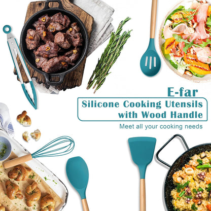 E-far Silicone Cooking Utensils Set, 5-Piece Kitchen Utensils Set with Wooden Handle for Cooking, Silicone Kitchen Nonstick Tools Spatula Turner Slotted Spoons, Nontoxic & Heat Resistant-Khaki