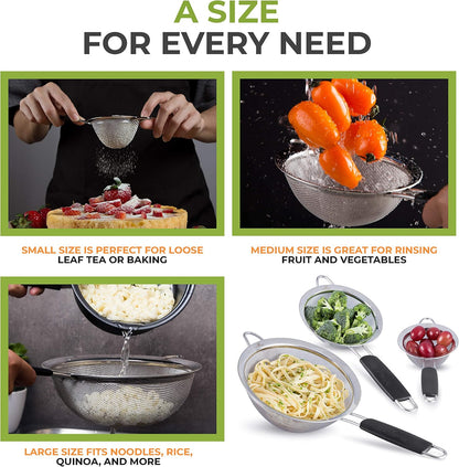 LiveFresh Food Strainer Set - Premium Fine Stainless Steel Fine Mesh Set of Strainers, Colanders and Sifters Crafted for Quinoa and More with Comfortable Non Slip Handles - Set of 3
