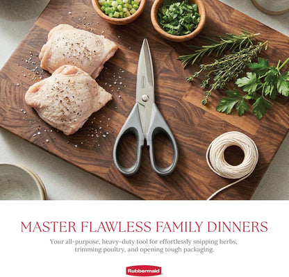 Rubbermaid Kitchen Scissors All Purpose Heavy Duty, Stainless Steel Kitchen Shears with Protective Sheath, Dishwasher Safe Kitchen Scissors for Food, Meat, Poultry & Herbs, Comfort Grip, Black