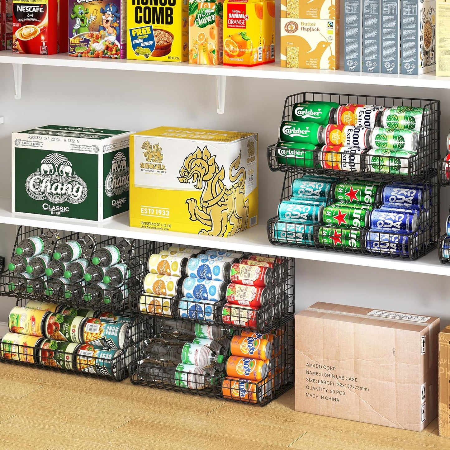 Stacking Can Dispensers 3 Tier with 3 Divider, Large Pantry Can Organizer, Beverage Drink Pop Soda Can Storage Basket, Can Holders for Pantry, Canned Food Rack Wire Bins for Kitchen Cabinet (3-Pack)