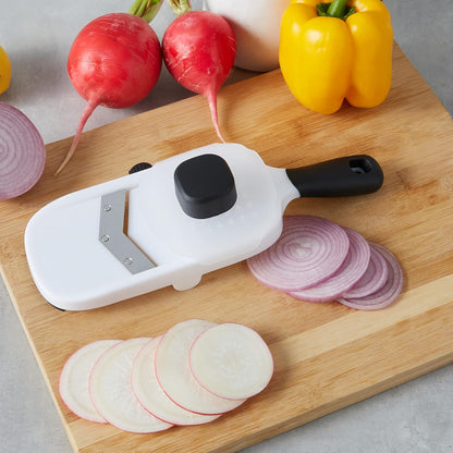 Amazon Basics Hand-held Safe Mandoline Slicer for Vegetables and Fruits, Adjustable Thickness, Stainless Steel Blade, White, 11.3" x 4.5" x 2.5"