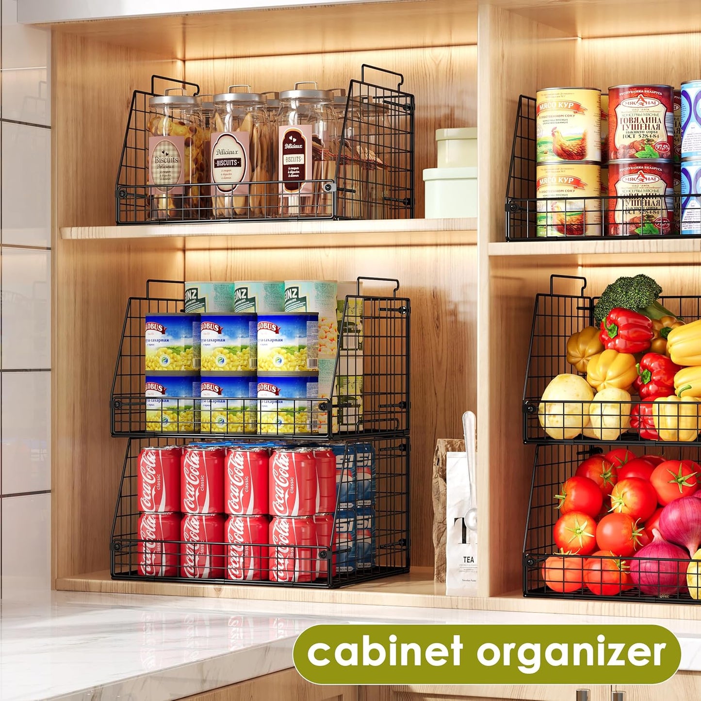 Jakyitvi 4 Pack XXL Stackable Wire Storage Basket, Extra Large Capacity Pantry Organizer and Storage, Muti-Purpose for Vegetable Fruit Basket & Can Organizer & Snack Rack & Metal Pantry Bin