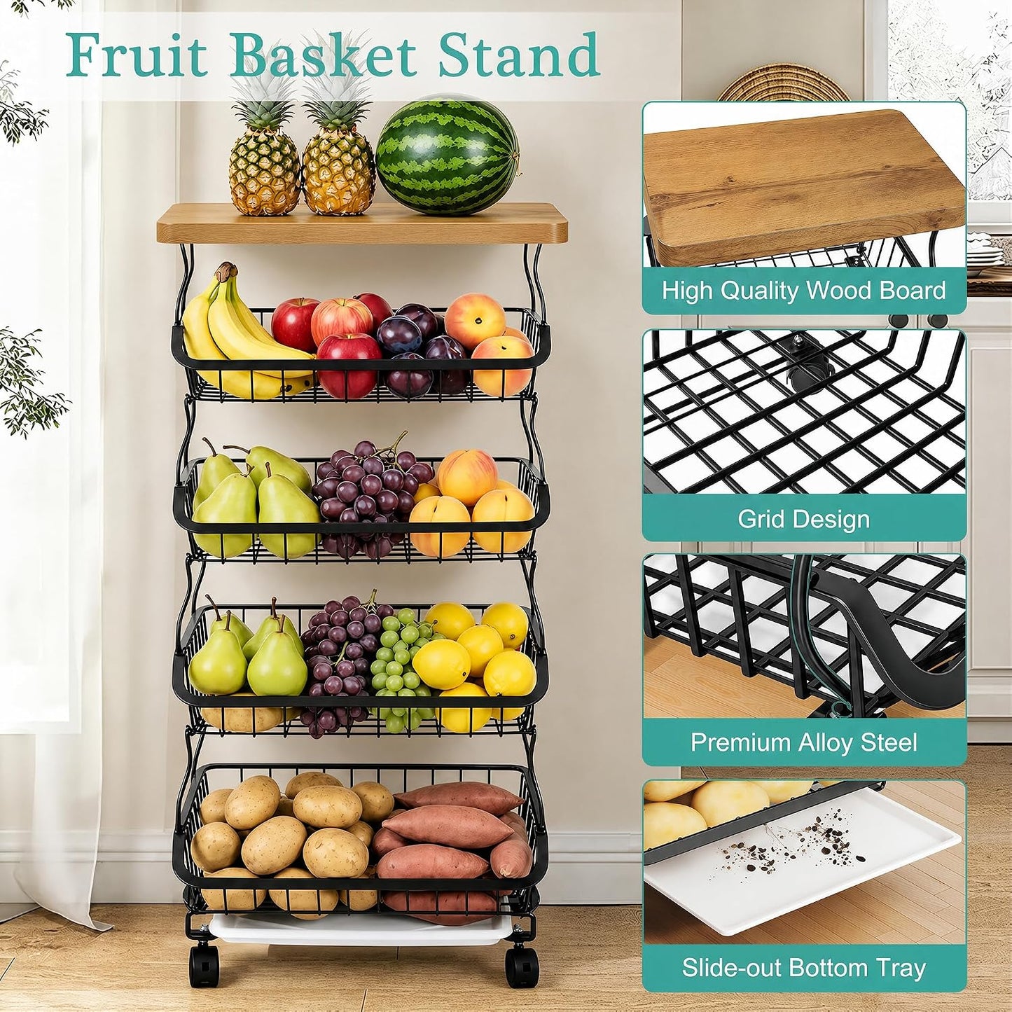 VECELO 4-Tier Fruit Basket with Wheels, Fruit and Vegetable Storage Cart for Kithchen, Stackable Produce Organizer Wire Baskets for Kitchen, Pantry, Living Room