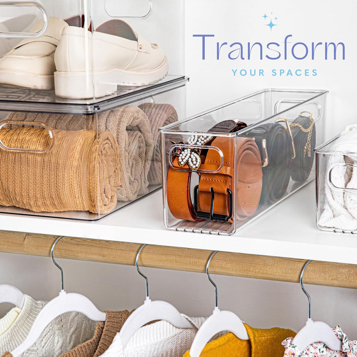 Plastic Food Storage 4 Pack Clear Container Bin with Handles for Organizing Kitchen, Pantry, Refrigerator, Freezer, Pantry, Cabinet, Closet, Bathroom. Stackable 10”x6”x3”