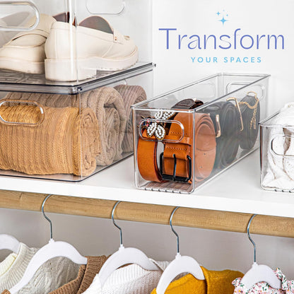 Plastic Food Storage 4 Pack Clear Container Bin with Handles for Organizing Kitchen, Pantry, Refrigerator, Freezer, Pantry, Cabinet, Closet, Bathroom. Stackable 10”x6”x3”