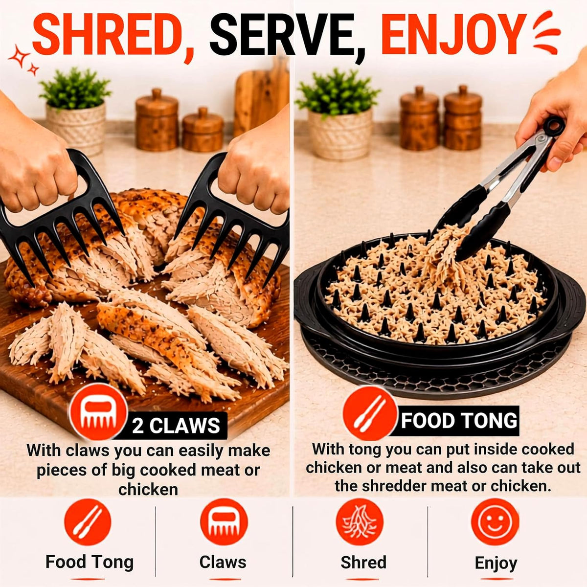 COSARE Chicken Shredder Tool Twist Large, Meat Shredder for Chicken Breast, Pork & Beef, BPA Free, Strong Anti-Slip Strip, Ergonomic Handle, Meat Claws, Tong, Brush & Mat - Red