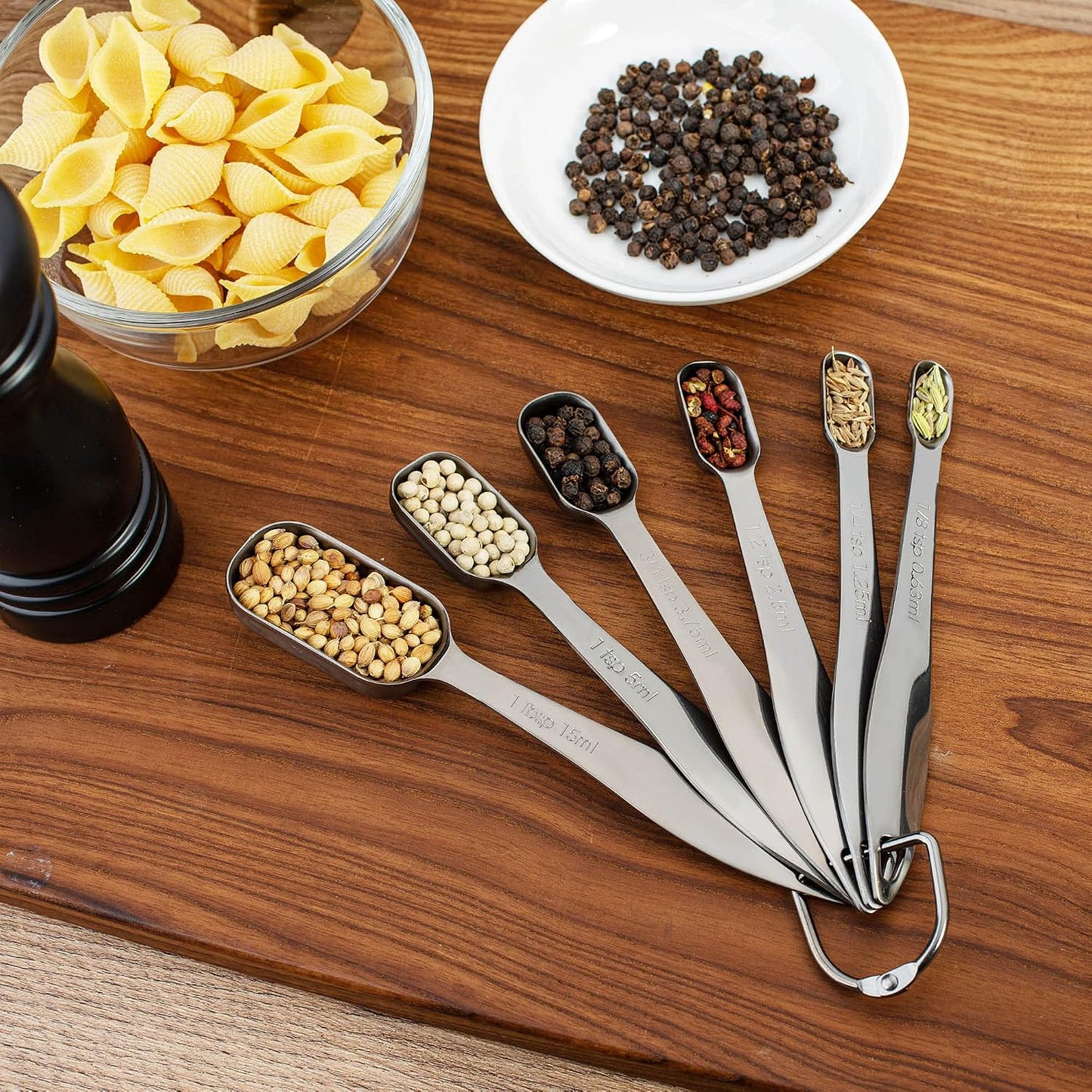 13-piece Measuring Cups and Spoons Set, 18/8 Stainless Steel Heavy Duty Ergonomic Handle with Ring Connector, Silver