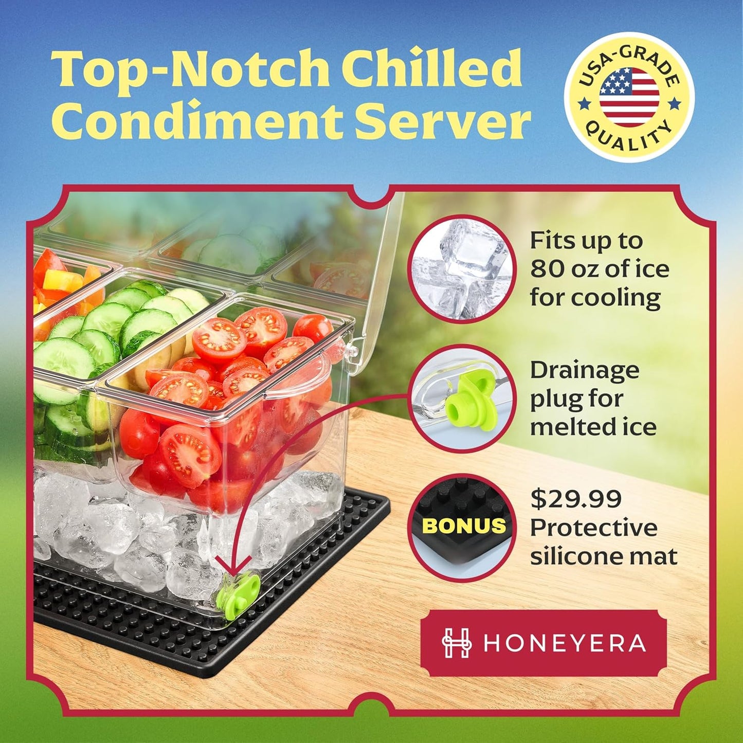Honeyera Chilled Condiment Server | Hosting Essentials for Up to 80 Oz of Ice | Mimosa Bar Supplies Drain Plug | BPA-Free Taco Bar/Salad Bar | Food-Safe Condiment Caddy (Parent) (White, 2 Pack)