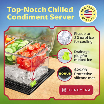 Honeyera Chilled Condiment Server | Hosting Essentials for Up to 80 Oz of Ice | Mimosa Bar Supplies Drain Plug | BPA-Free Taco Bar/Salad Bar | Food-Safe Condiment Caddy (Parent) (White, 2 Pack)