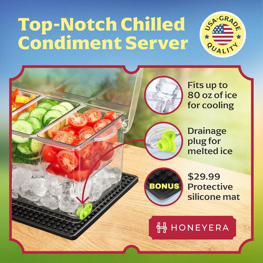 Honeyera Chilled Condiment Server | Hosting Essentials for Up to 80 Oz of Ice | Mimosa Bar Supplies Drain Plug | BPA-Free Taco Bar/Salad Bar | Food-Safe Condiment Caddy (Parent) (White, 2 Pack)
