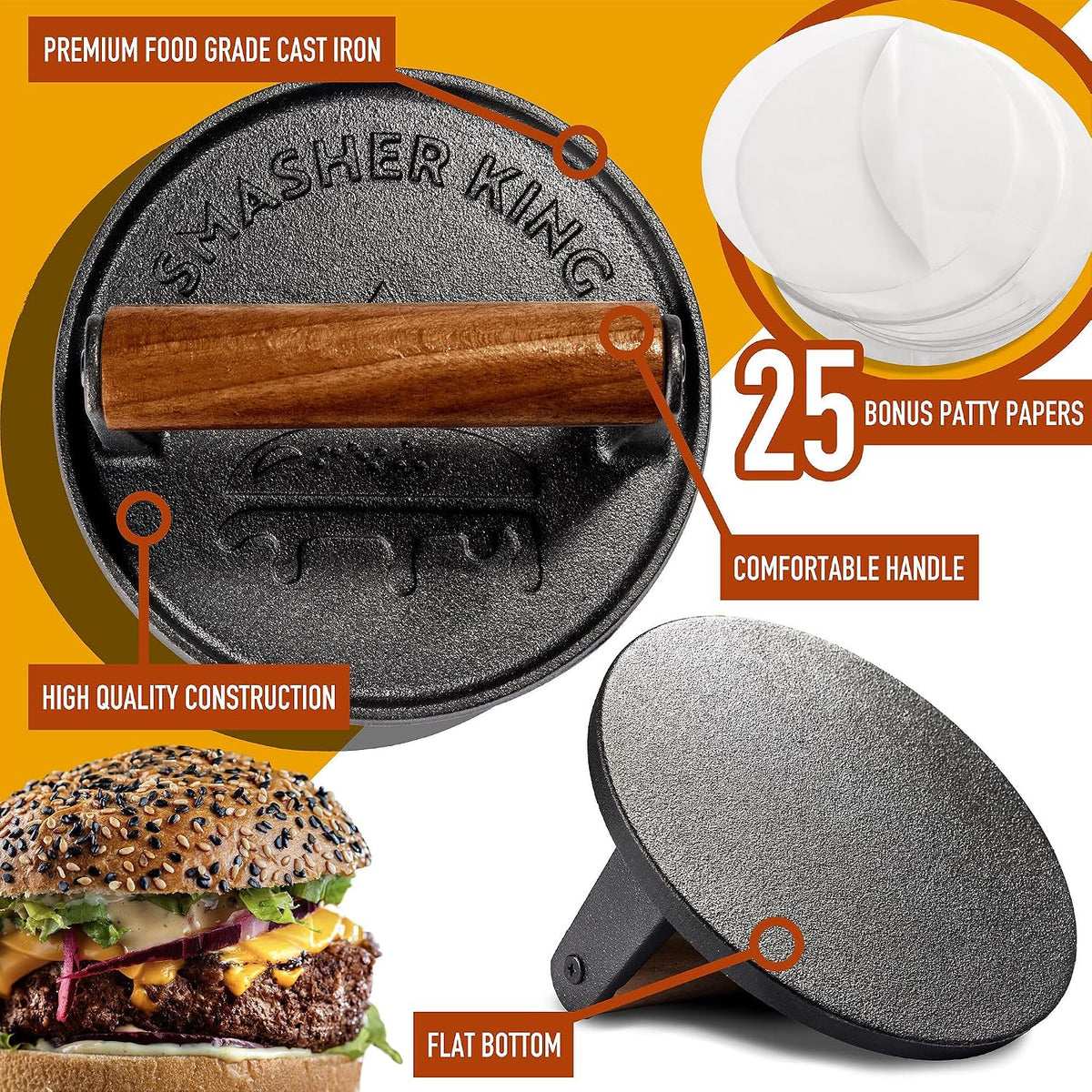 Premium Cast Iron Smash Burger Press incl. 25 Patty Paper