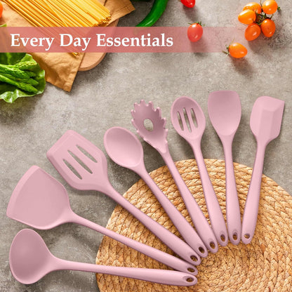 LIANYU Non-Toxic Silicone Kitchen Utensils Set, 8 Piece Non-Scratch Cooking Spoons & Spatulas, Stainless Steel Core, Heat Resistant & Dishwasher Safe, Khaki
