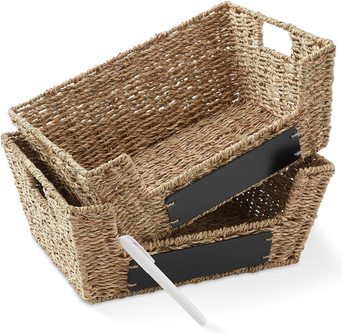 Casafield Set of 2 Water Hyacinth Pantry Baskets with Handles, Chalkboard Labels, and Marker - Espresso, Wide Woven Storage Bin Organizers for Kitchen Shelves
