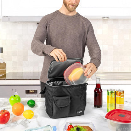 opux Insulated Lunch Bag for Men Women, Leakproof Black Lunch Box for Work, Portable Soft Lunch Cooler Bag with Shoulder Strap, Adult Lunchbox Lunch Pail for Kid Boy Girl School, 14 Can/8L