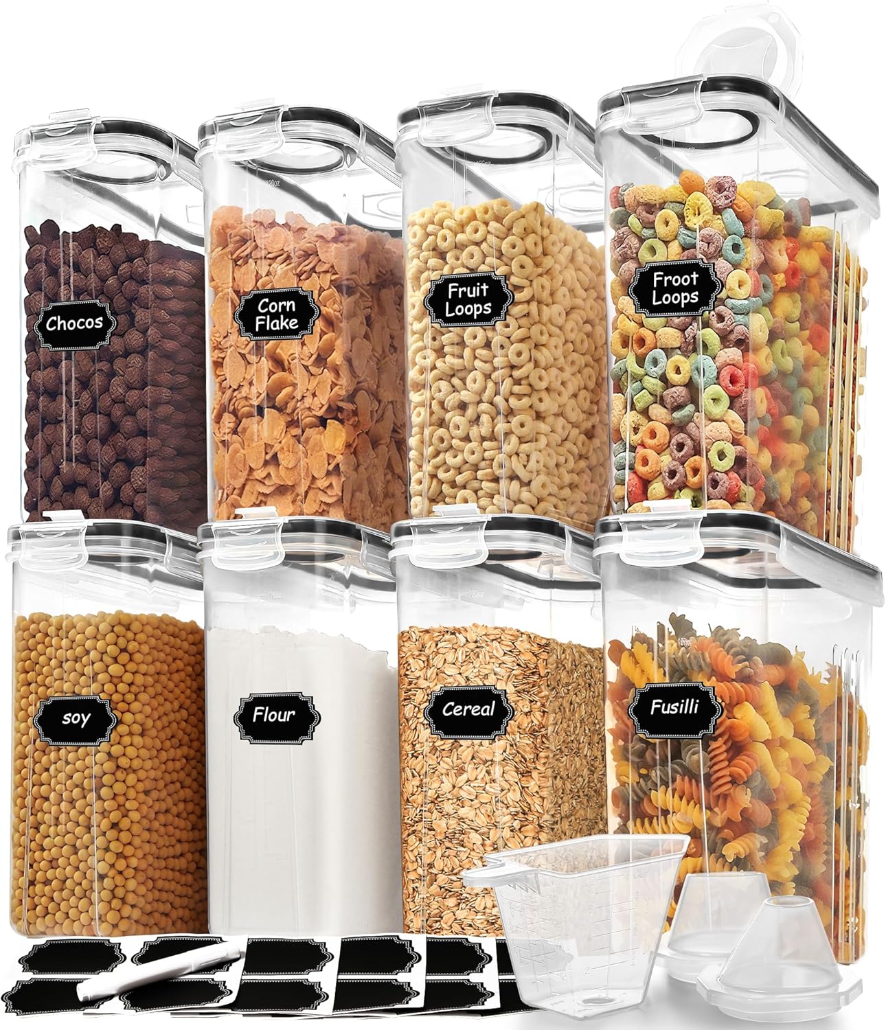 Skroam 4PCS Cereal Containers Storage [4L/135.2 oz], Airtight Food Storage Containers with Pour Spout for Kitchen & Pantry Organization Storage, Plastic Cereal Dispensers, Measuring Cup & 20 Labels