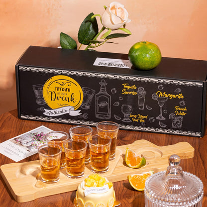 Tequila Shot Board Set - Serving Tray with 6 Glasses, Lemon Space, Salt Rimmer - 1.5 Oz Shots Holder for Margarita, Liquor, Party