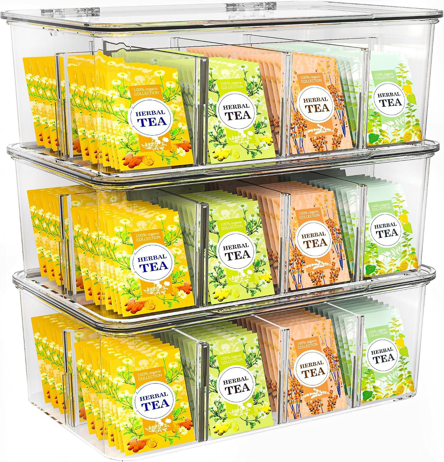 Utopia Home - Tea Bag Organizer With Lids, (2 Pack) Clear Pantry Storage Box - Stackable Partition Organizers or Holder With Lids For Drawers, Countertops, Fridge, Kitchen, Snack & Spice Organization