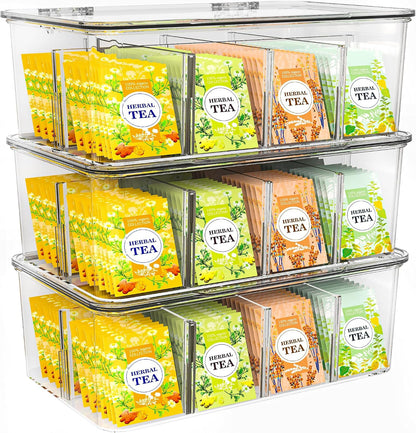 Utopia Home - Tea Bag Organizer With Lids, (2 Pack) Clear Pantry Storage Box - Stackable Partition Organizers or Holder With Lids For Drawers, Countertops, Fridge, Kitchen, Snack & Spice Organization