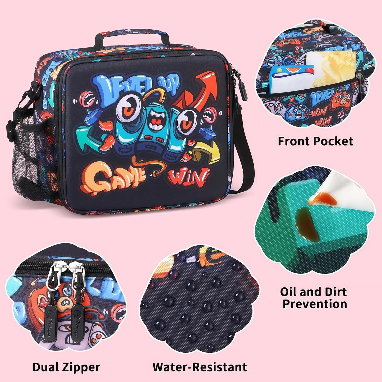 rockpapa Kids Lunch Box Set with 14oz Insulated Water Bottle & Lunch Bag, Leakproof 5.5 Cups Bento Box for School & Children, BPA-Free, Microwave Safe for Boys Girls (Grey Constr Turcks)