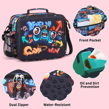 rockpapa Kids Lunch Box Set with 14oz Insulated Water Bottle & Lunch Bag, Leakproof 5.5 Cups Bento Box for School & Children, BPA-Free, Microwave Safe for Boys Girls (Grey Constr Turcks)