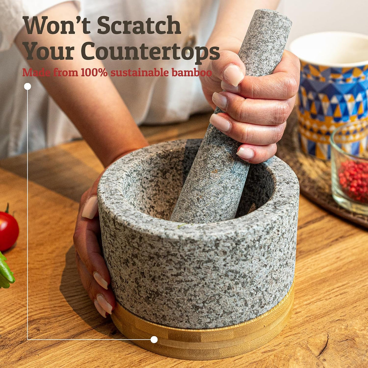 PriorityChef Heavy Duty Mortar and Pestle Set with Bamboo Base, 100% Natural Granite Stone Grinder, Guacamole Bowl and Masher, 1.5 Cups, Black