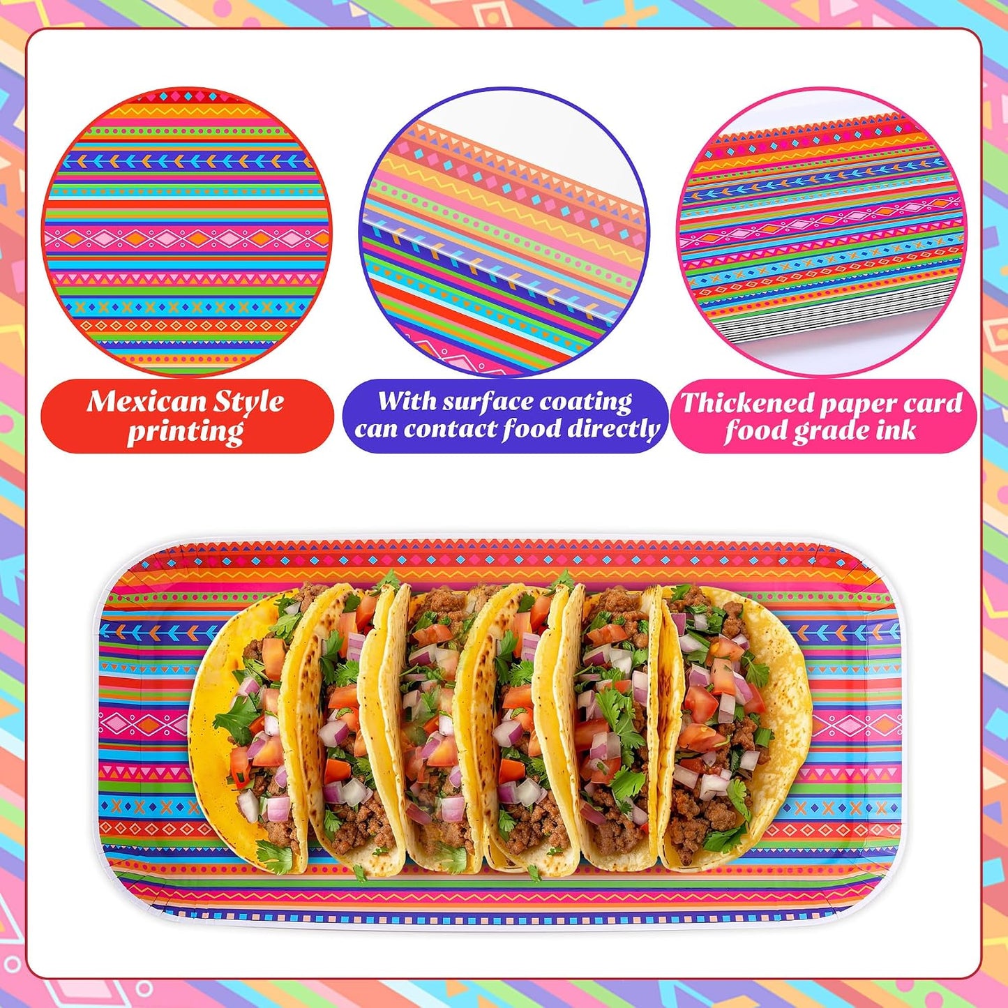 Wehhbtye 48 Pcs Mexican Food Serving Trays, Small Size 10.6'' x5'' Cinco De Mayo Paper Serving Platter, Colorful Striped Mexican Fiesta Plates for Single Taco Nacho Snack Themed Party Supplies
