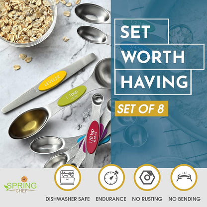 Spring Chef Stainless Steel Magnetic Measuring Spoons Set with Strong N45 Magnets, Heavy Duty Metal Kitchen Gadgets for Baking & Cooking, Fits in Most Kitchen Spice Jars, Set of 8 with Leveler, Black