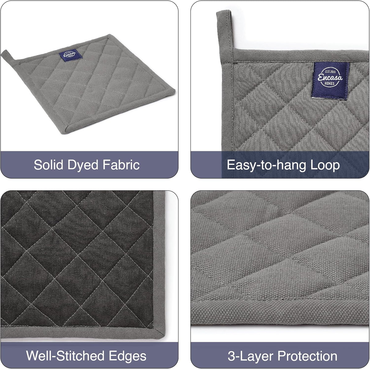Encasa XO Pot Holders, Quilted Kitchen Hot Pads 8"x8" Black