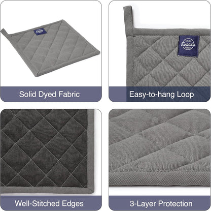 Encasa XO Pot Holders, Quilted Kitchen Hot Pads 8"x8" Black