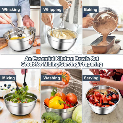 TeamFar Mixing Bowls, Stainless Steel Mixing Bowls with Lids, Nesting Salad Bowls with Air-tight Lids & Non-slip Bottom, Dishwasher Safe & Stackable, Set of 6-4.6/2.6/2 / 1.5/1 / 0.7 Qt