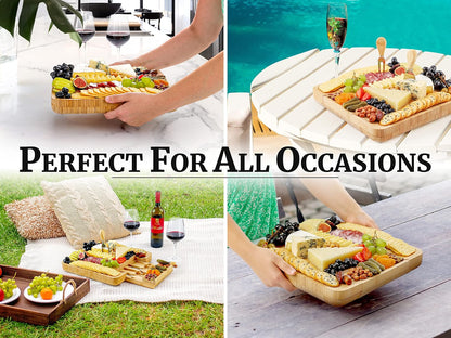 Zulay Kitchen Premium Bamboo Charcuterie Board - Extra Thick Bamboo Board with 4 Piece Knife Set - Perfect for Charcuterie, Wine and Cheese