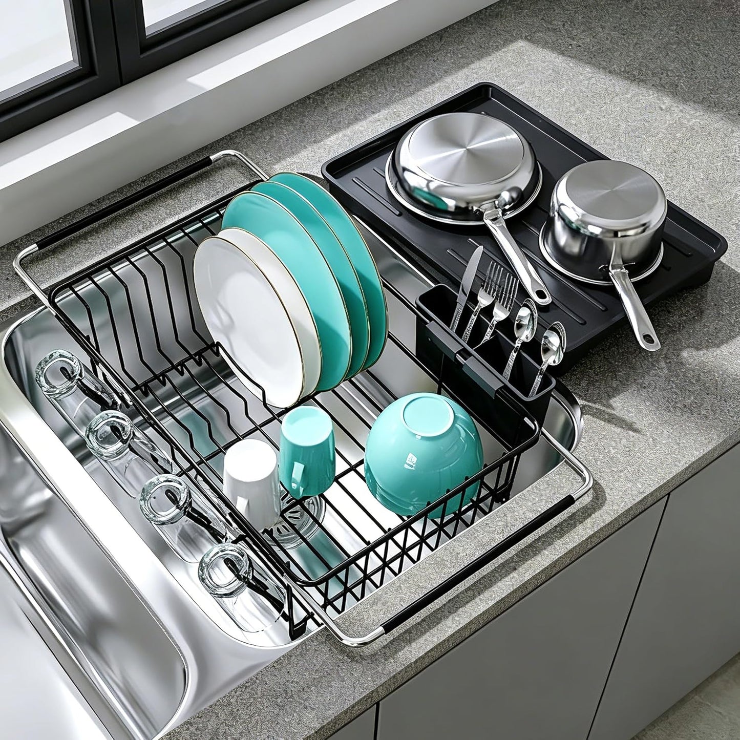 JASIWAY Dish Drying Rack in Sink, Dish Drainer with Cup and Utensil Holder