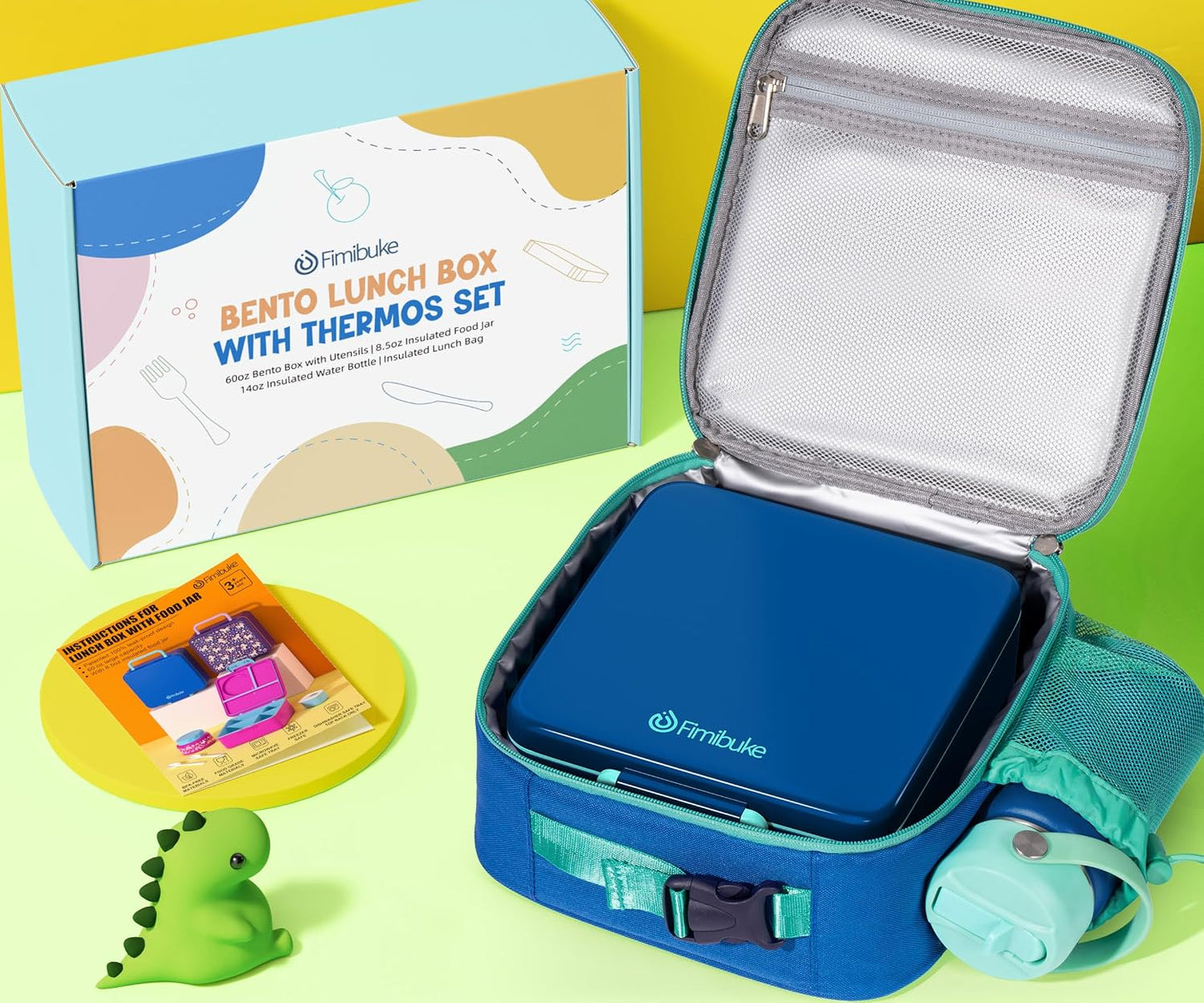 Fimibuke Kids Bento Lunch Box with Thermo, Leakproof Toddler Bento Box with 8.5 OZ Insulated Food Jar, Lunch Bag, Kids Water Bottle, 3 or 4 Compartment Container for Back to School Toddler Girls Boys