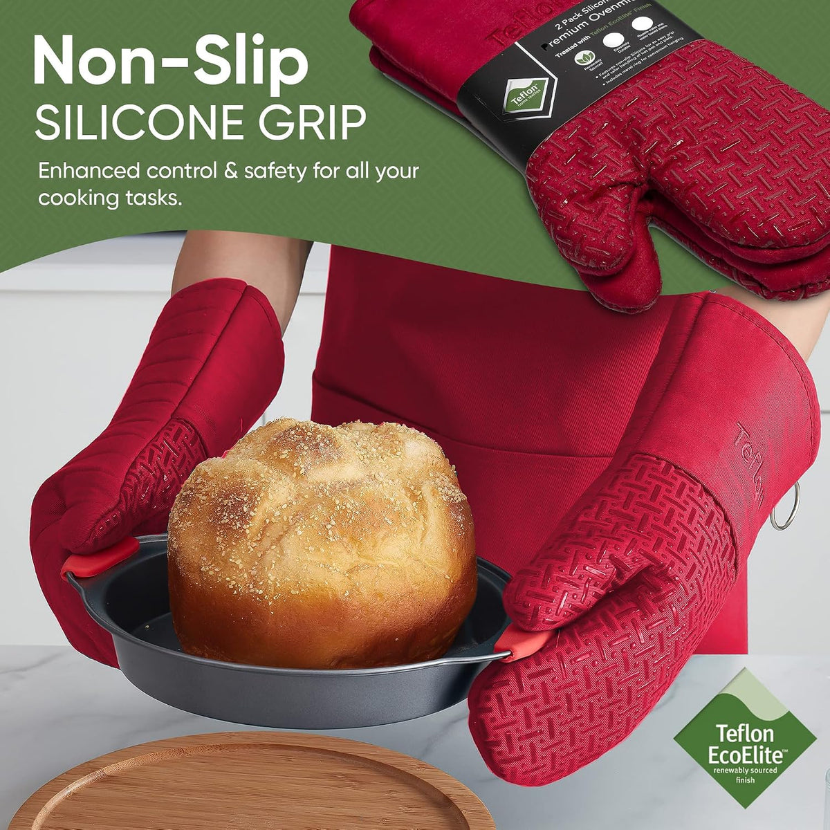 Xlnt Extra Long Oven Mitts (Black) | Teflon EcoElite Water Repellent | Heat Resistant for Oven Cooking, Grill & BBQ | Non Slip Gloves with Teflon EcoElite Finish, Cotton Lining & Hanging Loop