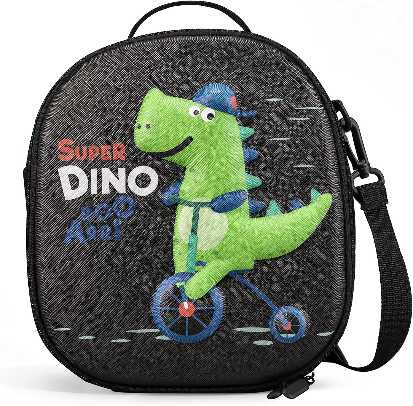 Reusable Insulated Lunch Bag for Kids Teens & Adults with Adjustable Shoulder Strap - Large Durable Lunch Bag Tote for School Travel Picnic Work - Leakproof Design Lunch Carrier (Black -3D Dinosaur)