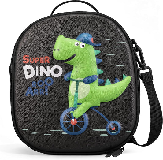 Reusable Insulated Lunch Bag for Kids Teens & Adults with Adjustable Shoulder Strap - Large Durable Lunch Bag Tote for School Travel Picnic Work - Leakproof Design Lunch Carrier (Black -3D Dinosaur)