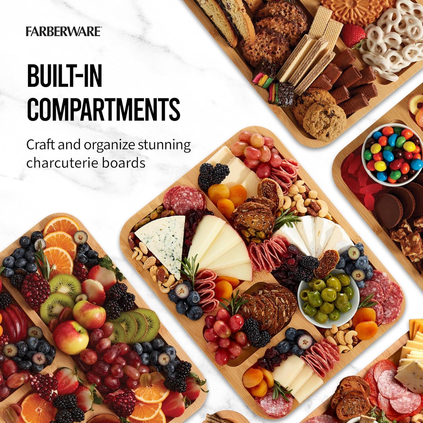 Farberware Build-A-Board Bamboo Cutting Board with Built-In Compartments & Clear Locking Lid, Black Handles, Charcuterie, Snack Tray, Food Prep and Serving Platter