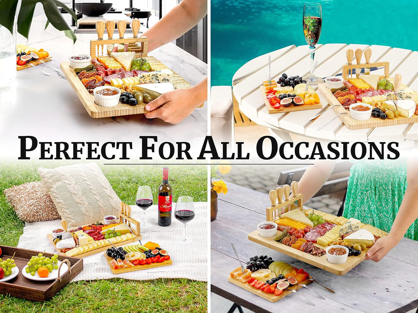 Zulay Kitchen Premium Bamboo Charcuterie Board - Extra Thick Bamboo Board with 4 Piece Knife Set - Perfect for Charcuterie, Wine and Cheese