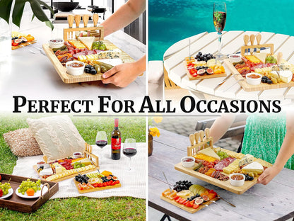 Zulay Kitchen Premium Bamboo Charcuterie Board - Extra Thick Bamboo Board with 4 Piece Knife Set - Perfect for Charcuterie, Wine and Cheese