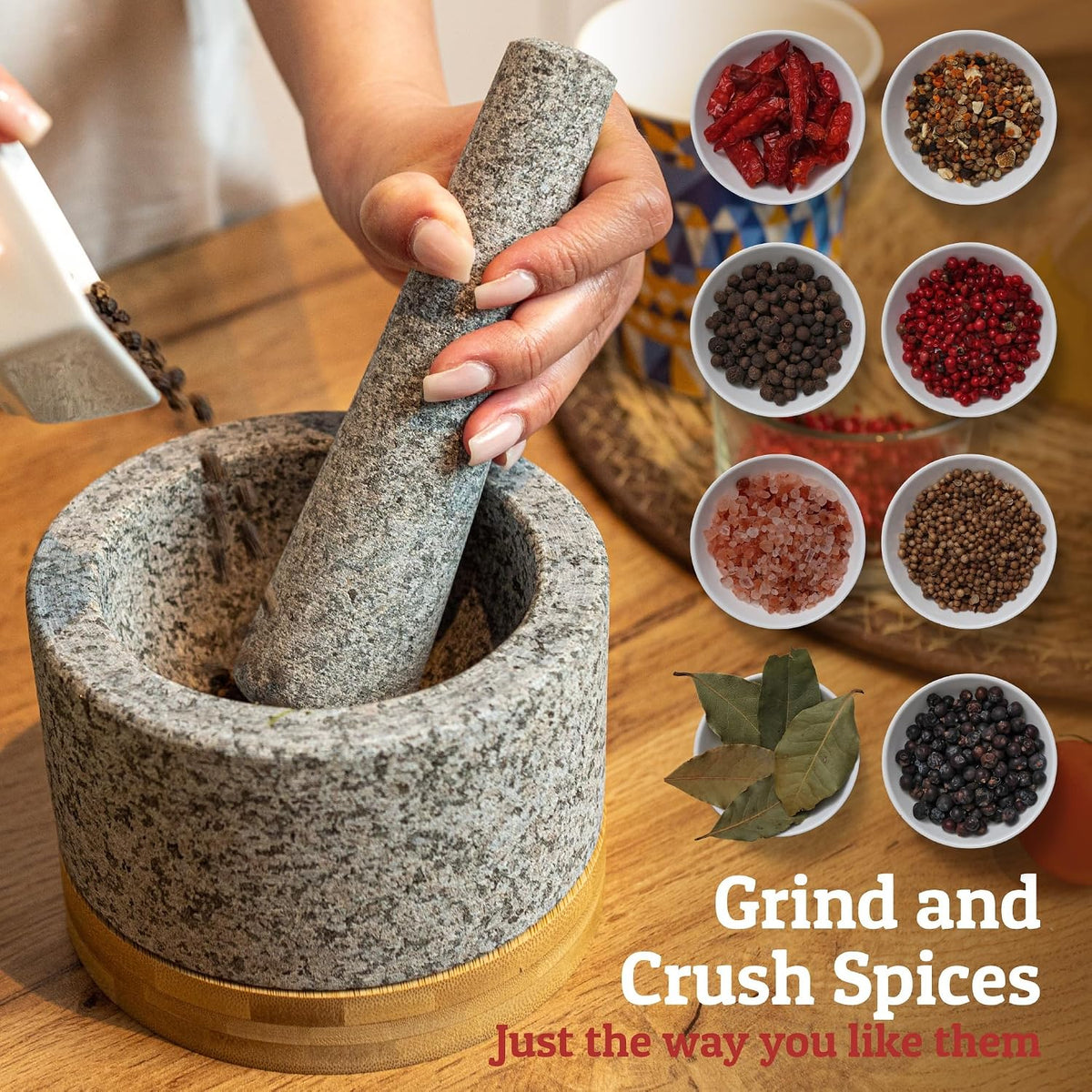 PriorityChef Heavy Duty Mortar and Pestle Set with Bamboo Base, 100% Natural Granite Stone Grinder, Guacamole Bowl and Masher, 1.5 Cups, Black
