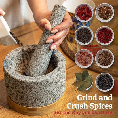 PriorityChef Heavy Duty Mortar and Pestle Set with Bamboo Base, 100% Natural Granite Stone Grinder, Guacamole Bowl and Masher, 1.5 Cups, Black