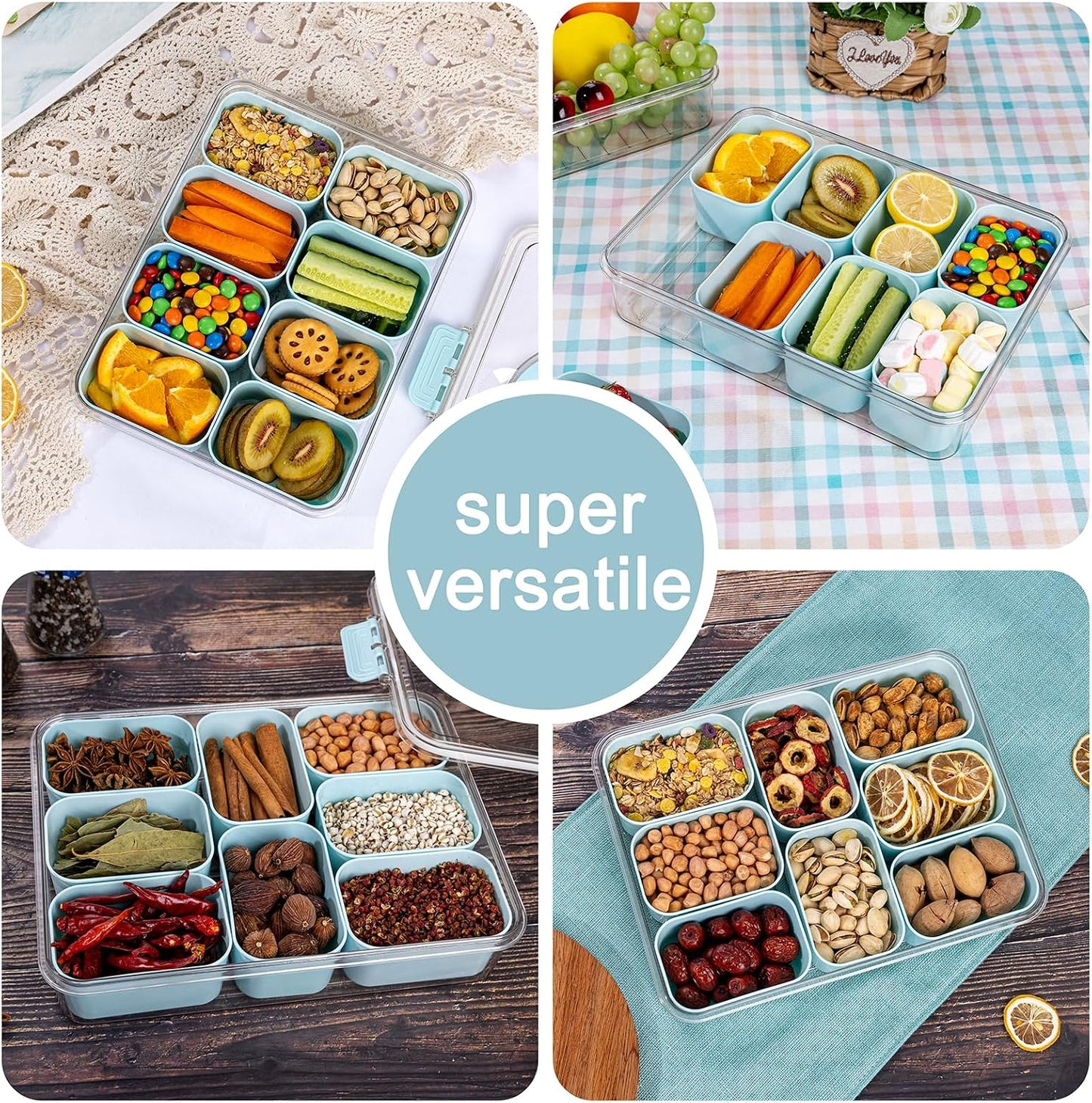 U-QE Dishwasher Safe Snackle Box Container with 8 Small Snacks Box - Premium Ivory Plastic Divided Serving Tray with Lid and Handle for Snack, Veggie, Fruits, Perfect for Party, Picnic, Entertaining
