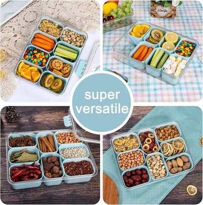 U-QE Dishwasher Safe Snackle Box Container with 8 Small Snacks Box - Premium Ivory Plastic Divided Serving Tray with Lid and Handle for Snack, Veggie, Fruits, Perfect for Party, Picnic, Entertaining