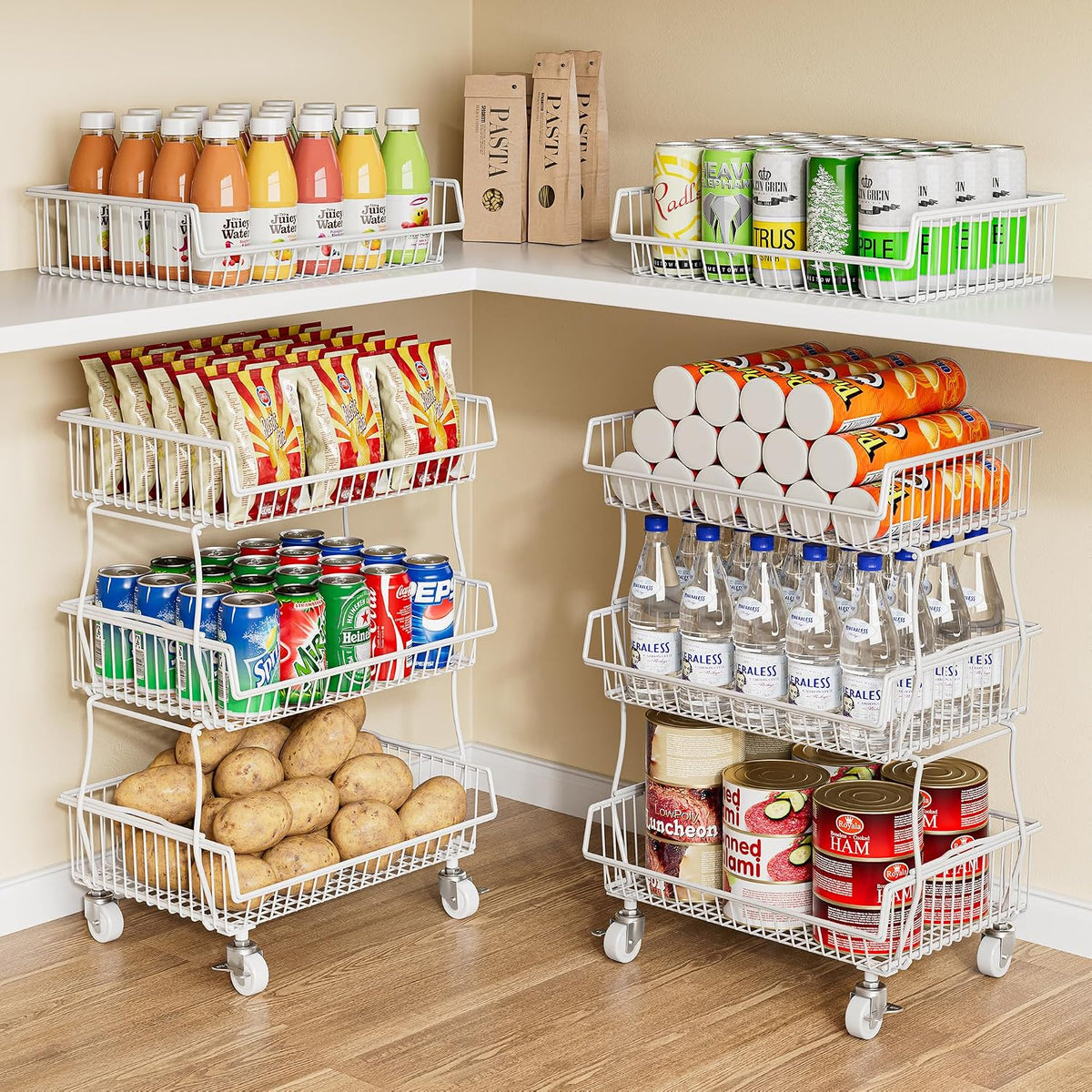 OKZEST 3-Tier Rolling Pantry Floor Organizer and Storage Cart with Wheels, Stackable Wire Pantry Baskets for Pantry Shelves, Kitchen Storage Rack and Fruit Basket Stand for Fruit Snack Onion Potato