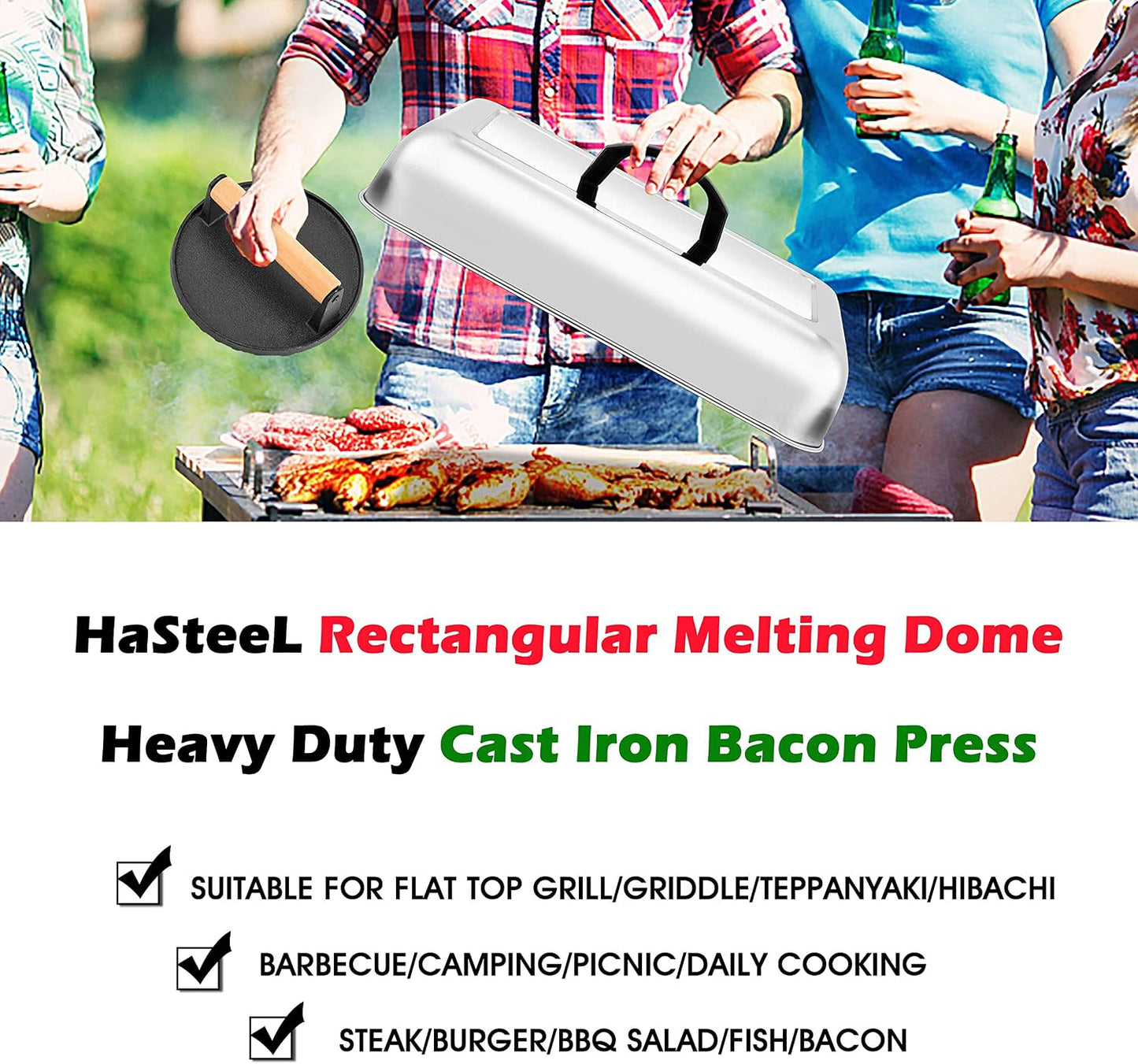 HaSteeL 13 x 9.75In Melting Dome & 8 x 4In Burger Press, Rectangular Basting Steam Cover with Bacon Press, Metal Griddle Accessories for Flat Top Teppanyaki Hibachi Grilling Cooking BBQ, Easy to Clean