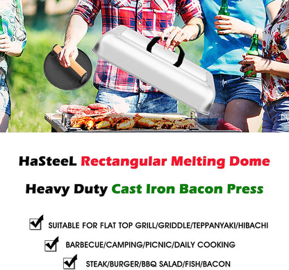 HaSteeL 13 x 9.75In Melting Dome & 8 x 4In Burger Press, Rectangular Basting Steam Cover with Bacon Press, Metal Griddle Accessories for Flat Top Teppanyaki Hibachi Grilling Cooking BBQ, Easy to Clean